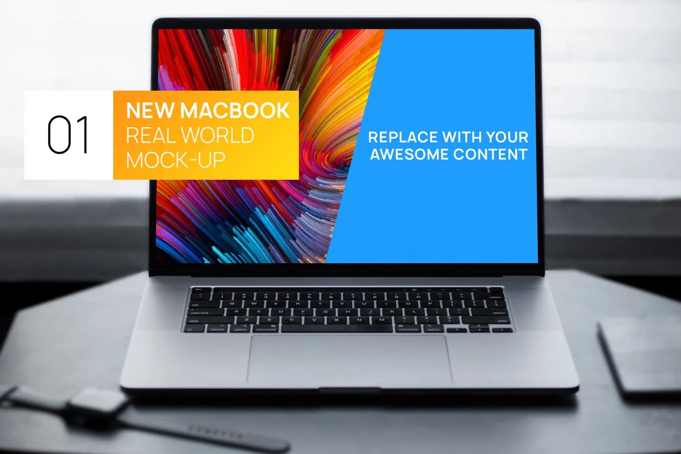 简约风格灰黑场景MacBook电脑屏幕演示像素设计精选样机 New MacBook Touchbar Dark Photo Real World Mock-up