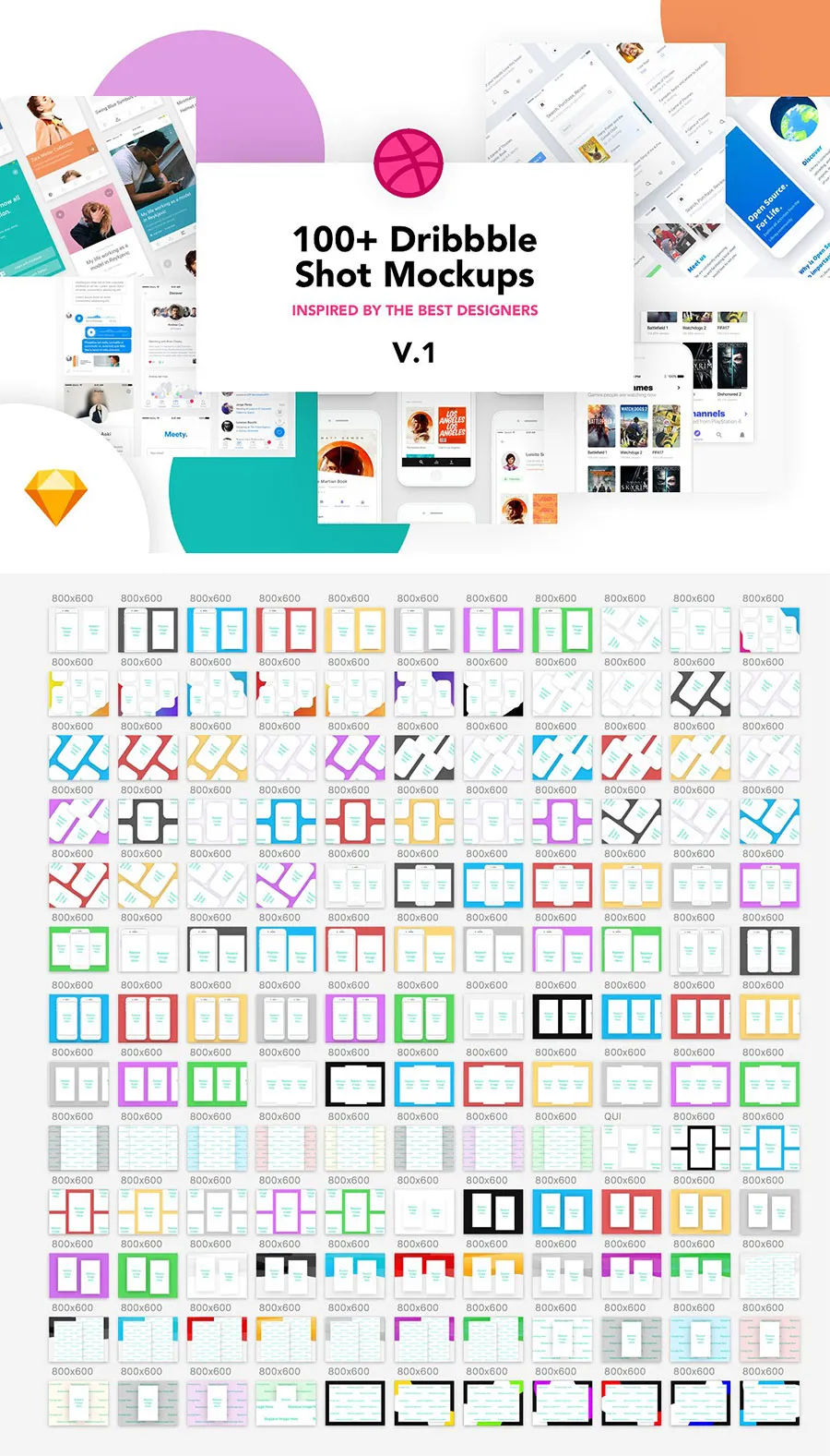 像素设计下午茶：好用的Dribbble（追波）APP设计缩略图模板Mockups下载[For Sketch]