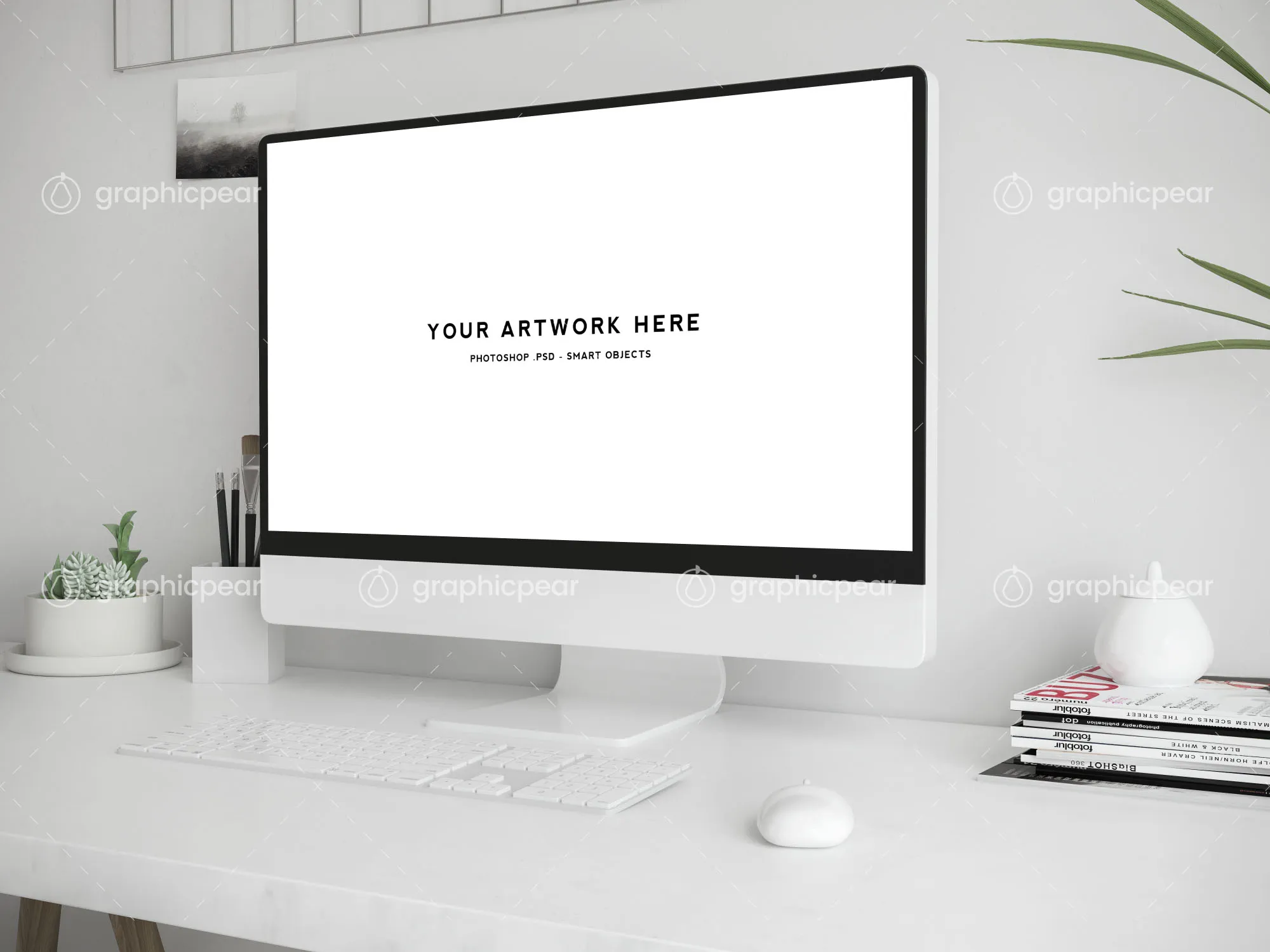 办公桌场景-iMac一体机屏幕演示样机模板 Workspace Scene Mockup – Mac Screen插图(1)