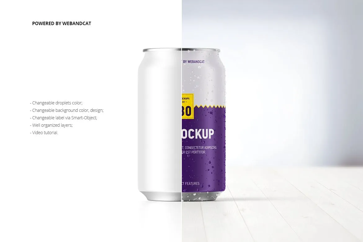 330ml容量规格易拉罐外观设计样机模板 330ml Can Mockup with Water Droplets插图(1)