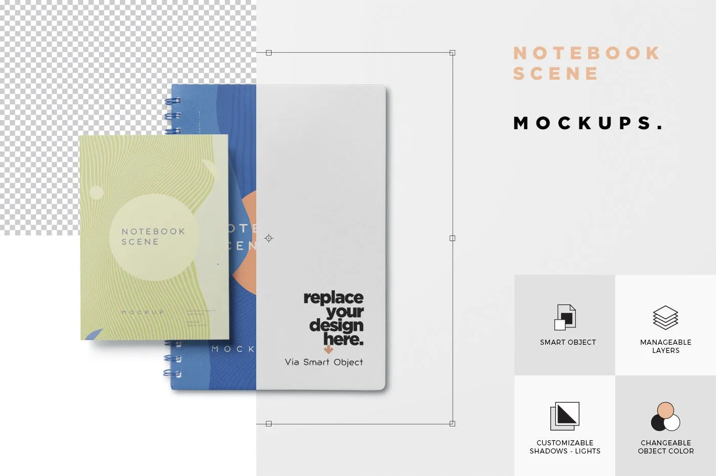 三种款式记事本外观设计预览样机模板 3 Notebook Mockups With Movable Elements插图(4)