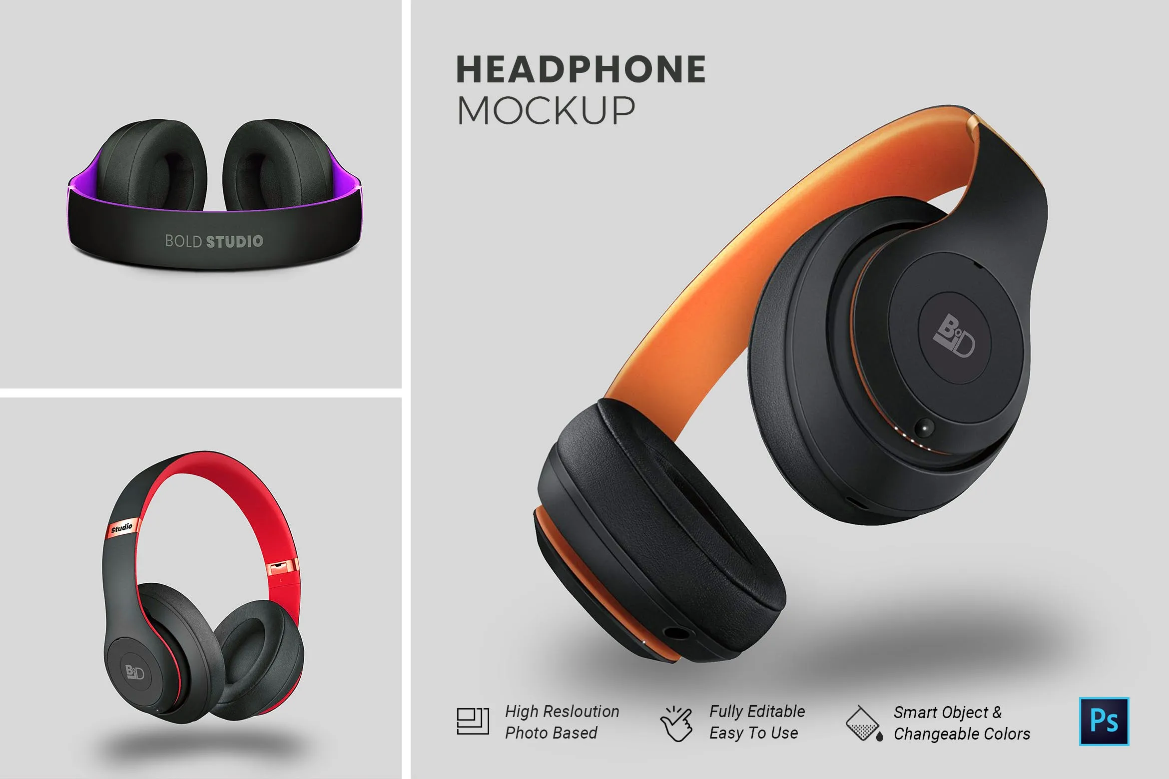 头戴式耳机设计效果图像素设计精选样机模板 HeadPhone Mockup