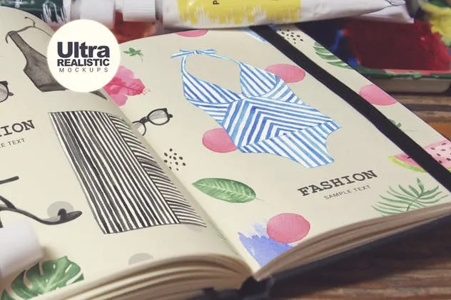 水彩画创作画室场景袖珍笔记本样机模板v7 Pocket Notebook Acrylic Paint Tubs插图(3)