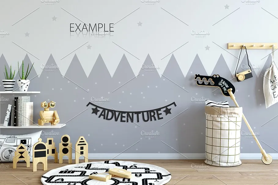 儿童主题卧室墙纸设计&相框样机 Interior KIDS WALL & FRAMES Mockup 2插图(4)