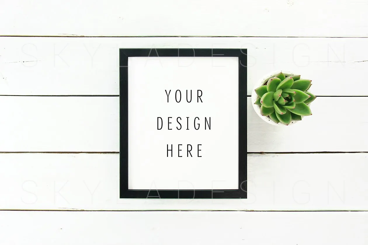 黑色实木框画框相框样机 Black picture frame mockup flatlay插图