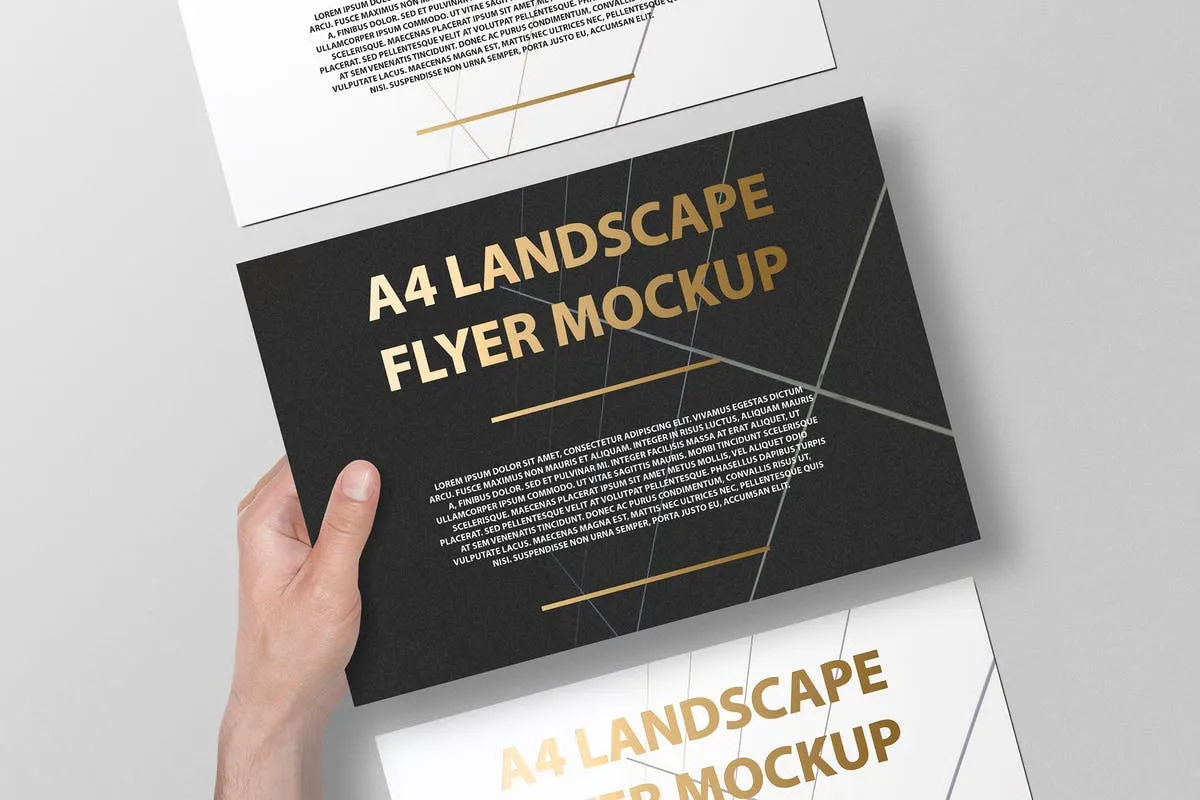 A4横向铝箔冲压工艺传单海报样机 A4 Landscape Flyer / Poster Mockup#8211; Foil Stamping