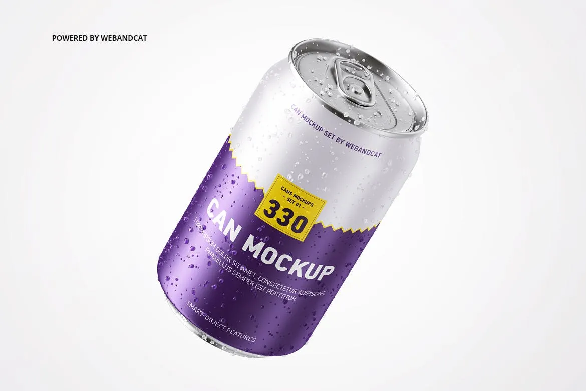 330ml容量规格易拉罐外观设计样机模板 330ml Can Mockup with Water Droplets插图(2)