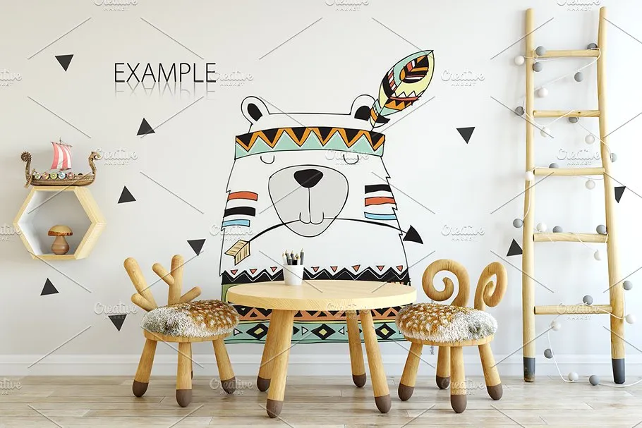 儿童主题卧室墙纸设计&相框样机 Interior KIDS WALL & FRAMES Mockup 2插图(11)