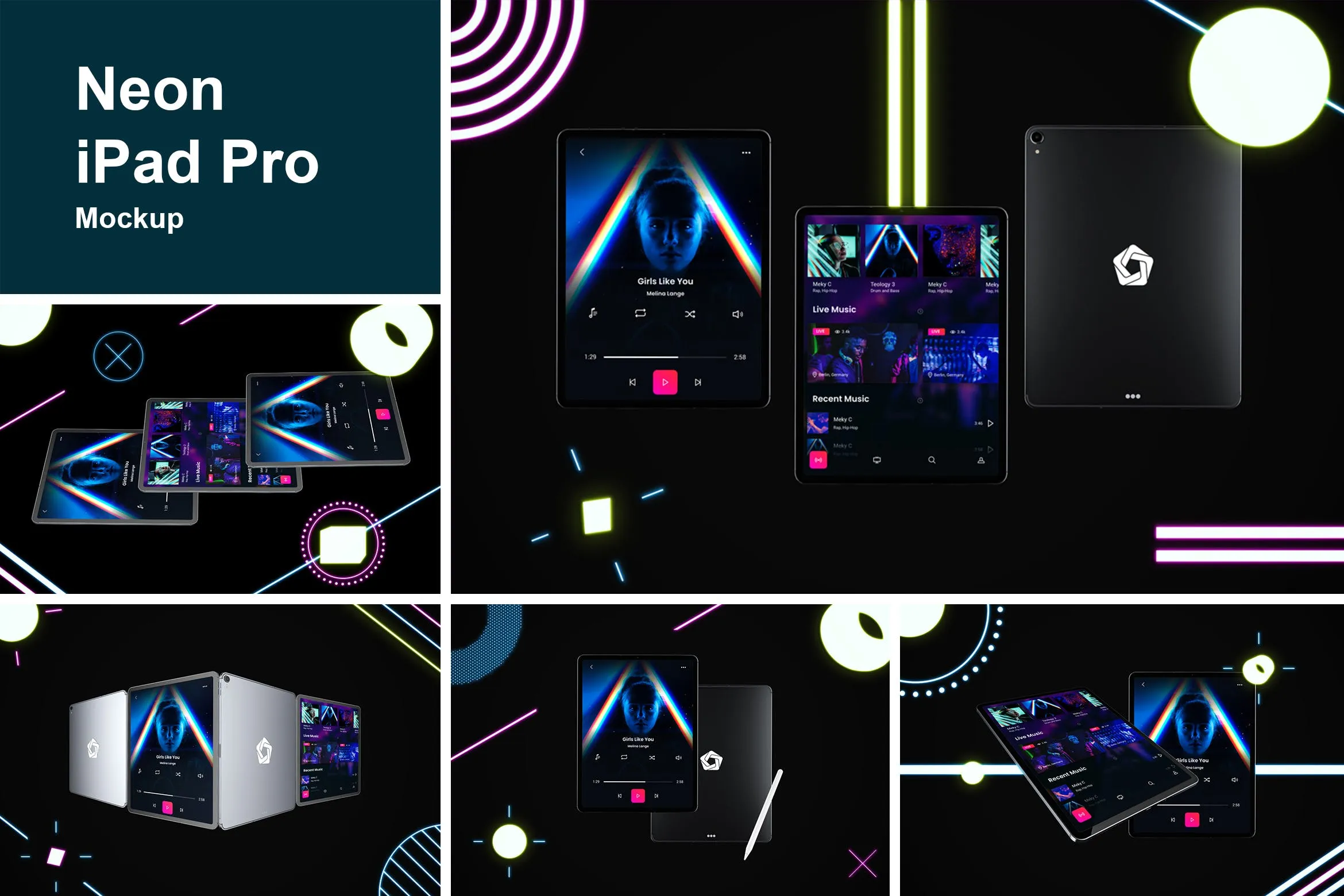 iPad Pro第三方设计屏幕预览样机模板 Neon iPad Pro Mockup