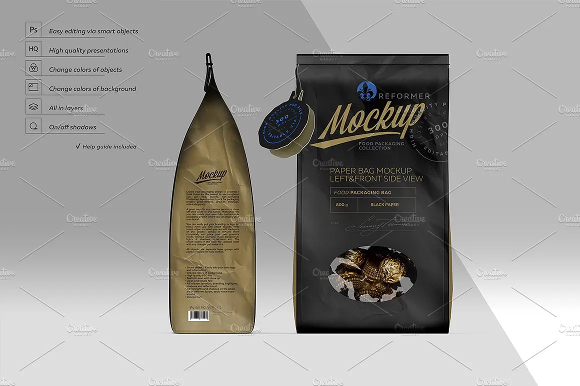 像素设计下午茶：高端质感的纸袋包装袋样机展示模型版mockups