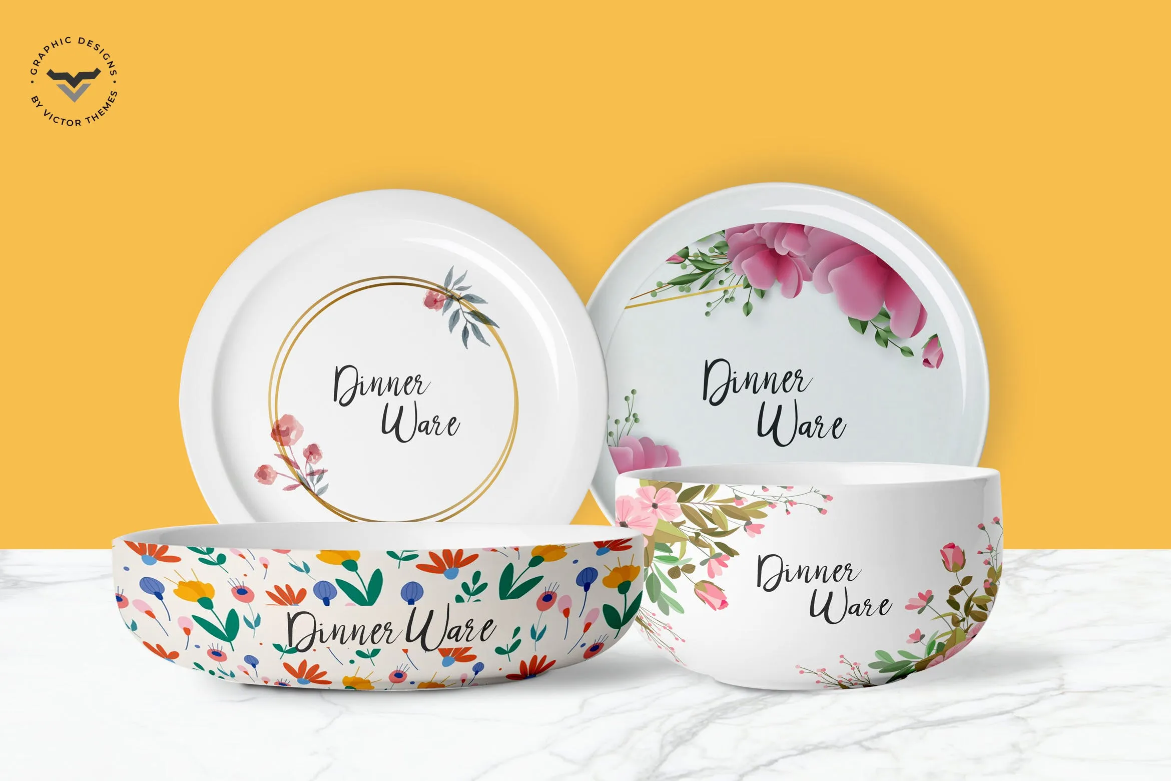 晚餐碗碟印花图案设计素材库精选 Dinner Set Mockup Template插图