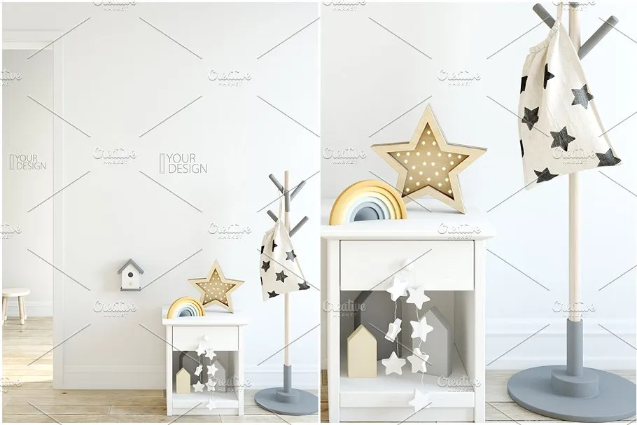 儿童卧室书房墙纸&相框样机 KIDS Interior WALL & FRAMES Mockup 3插图(18)