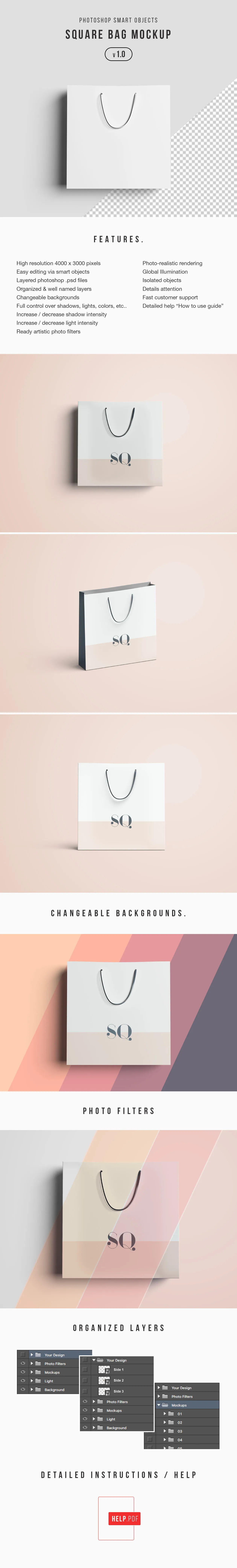 方形购物袋制作设计图样机模板 Square Bag Mockup插图