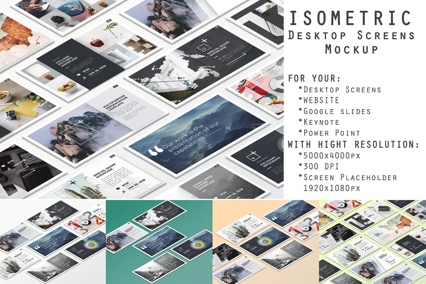 等距桌面屏幕截图预览样机v1 Isometric Desktop Screens Mockup V01