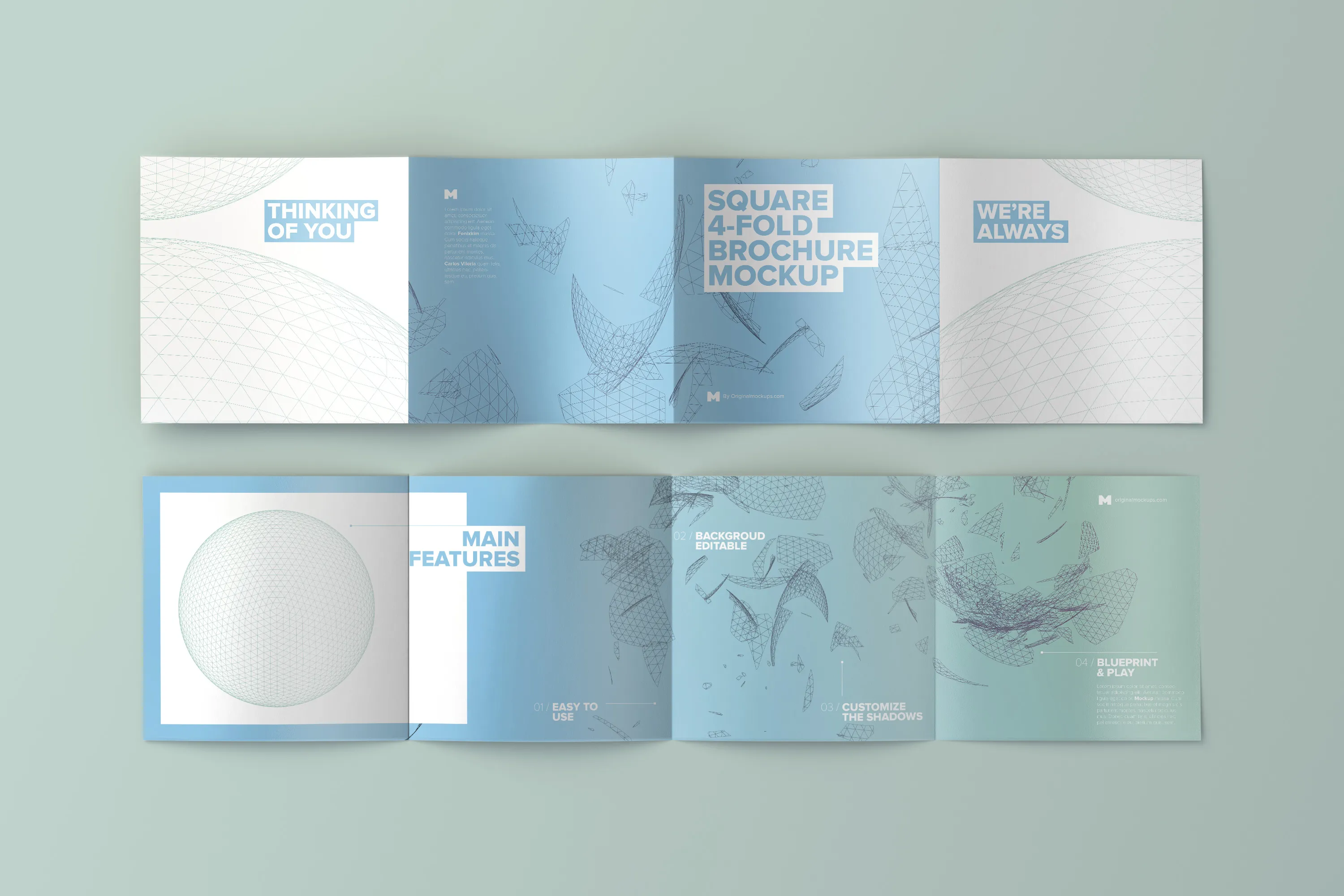 方形四折页企业传单/宣传册排版印刷效果图样机02 Spread Square 4-Fold Brochure Outside and Inside Mockup 02插图(1)