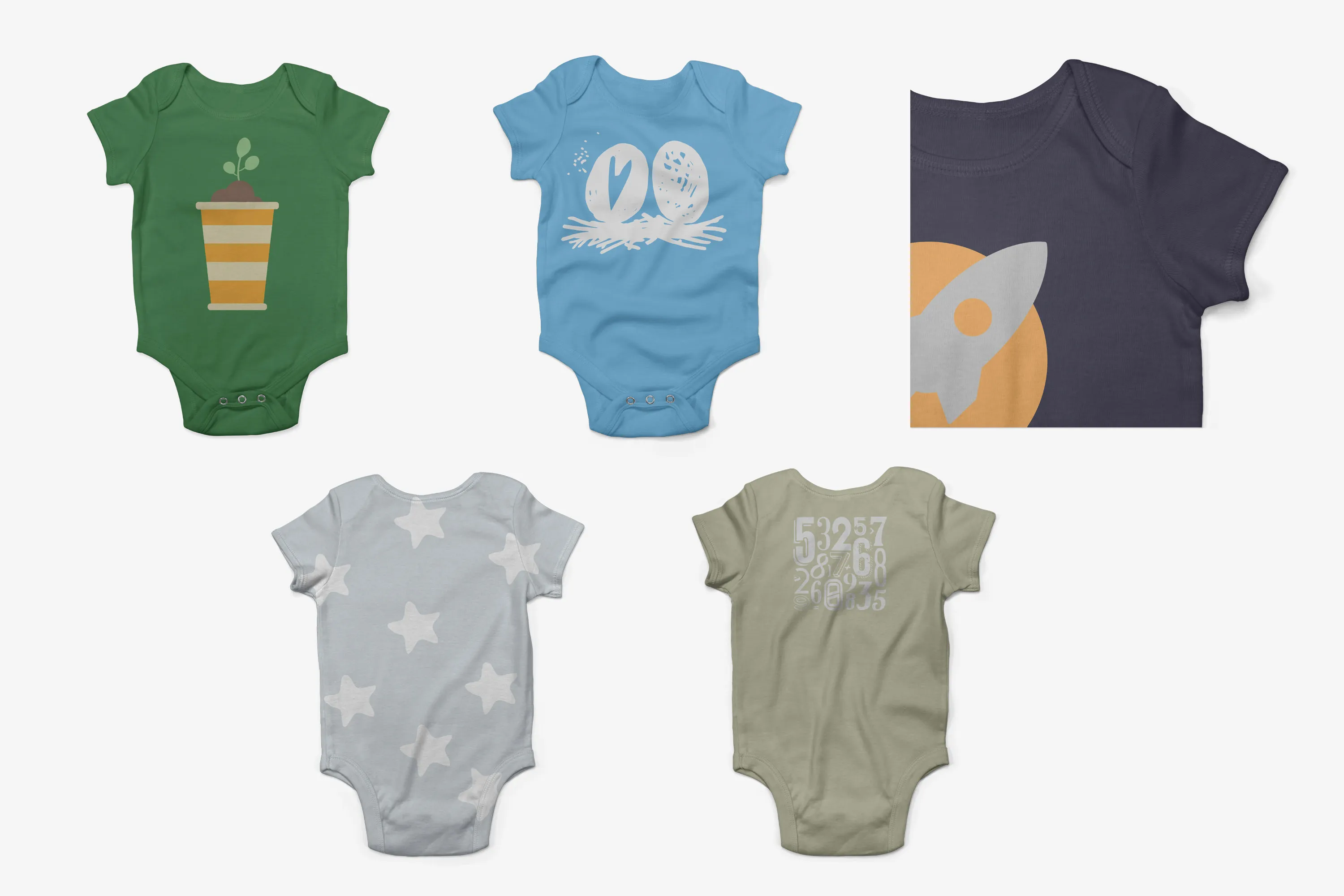 婴儿连体衣印花图案设计效果图样机套装 Baby Rib One Piece Mockup Pack插图(2)