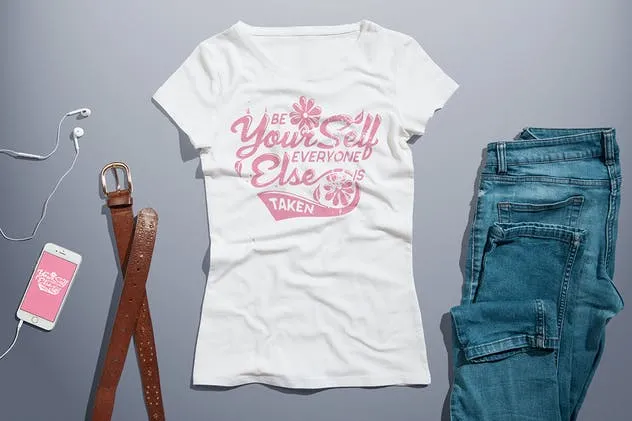 女版圆领T恤服饰印花设计样机素材 Crew Neck T-shirt Mock-up Female Version插图(3)