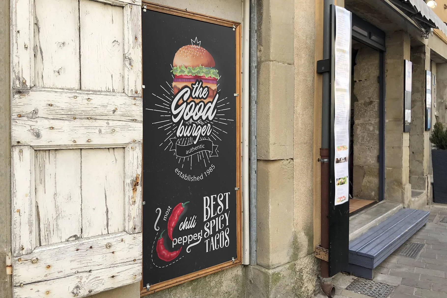 街头店铺广告牌设计效果图样机模板 Street Signboard Mockup插图(2)