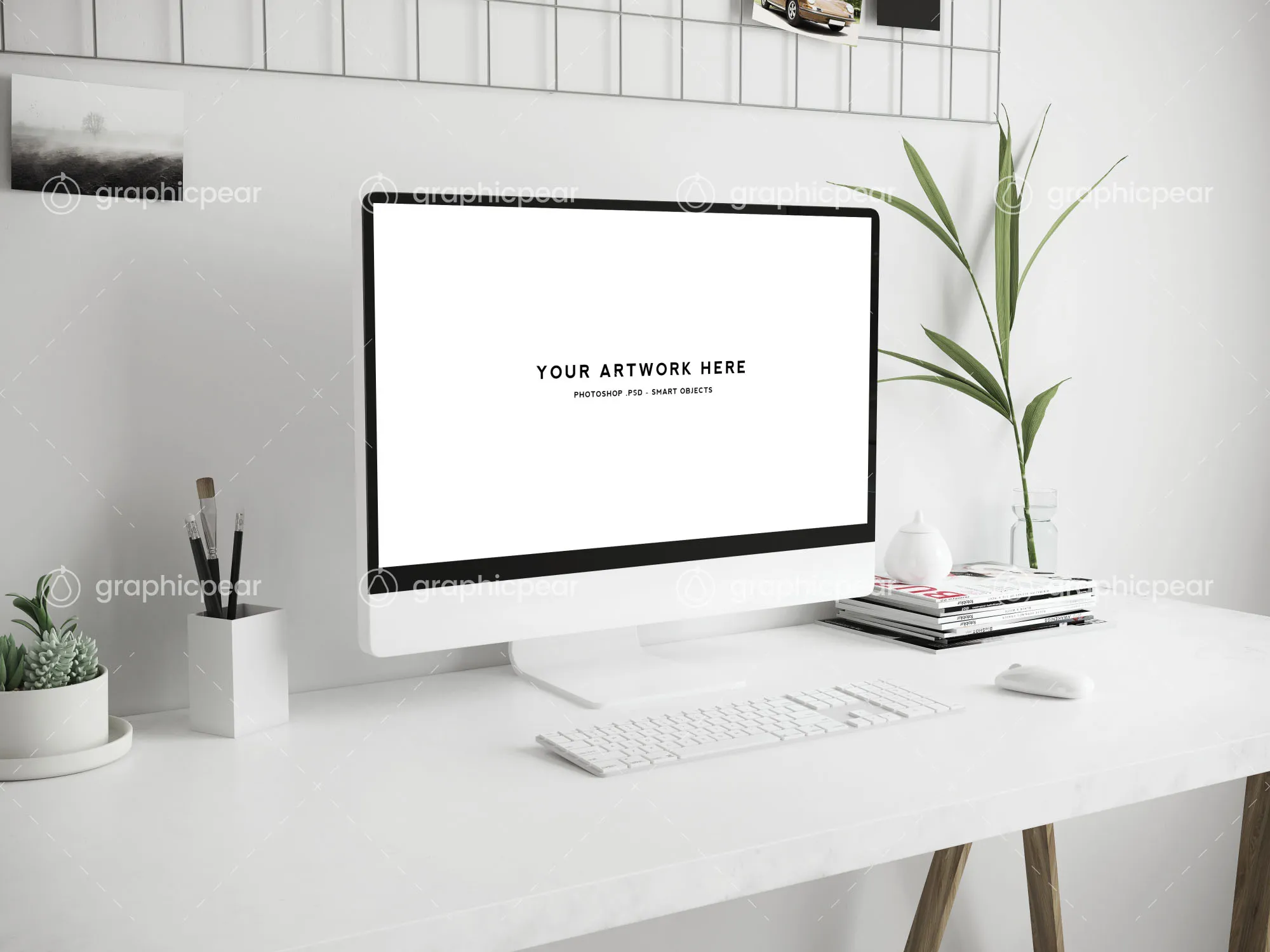 办公桌场景-iMac一体机屏幕演示样机模板 Workspace Scene Mockup – Mac Screen插图(3)
