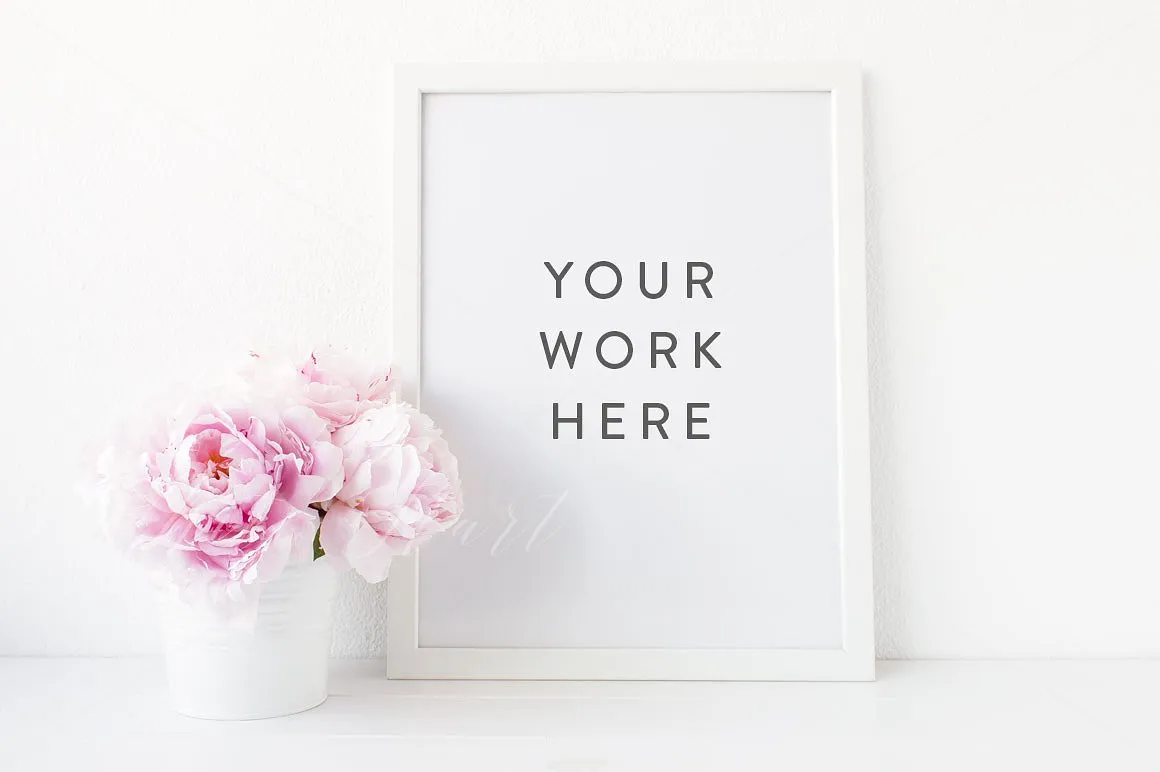 牡丹花陪衬白色相框画框样机 Peonies styled frame mock up插图