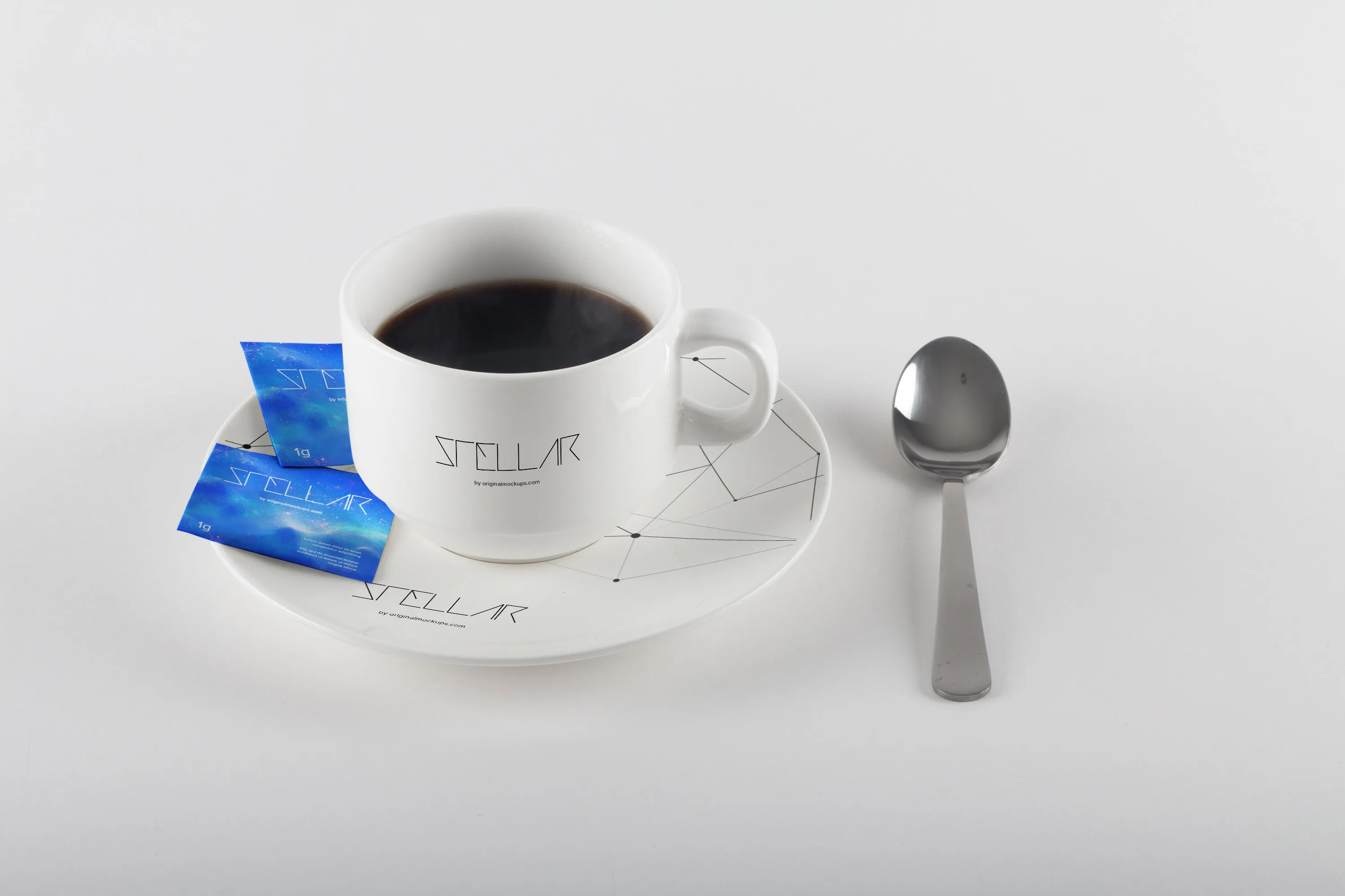 咖啡瓷杯/咖啡糖包咖啡品牌Logo预览样机01 Coffee Cup and Sugar Bags Mockup 01插图