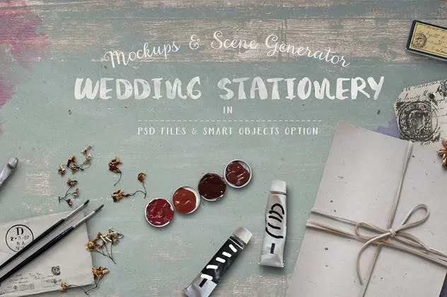 色彩斑斓古朴婚礼巨无霸场景样机模板 Wedding Stationery Hero Image