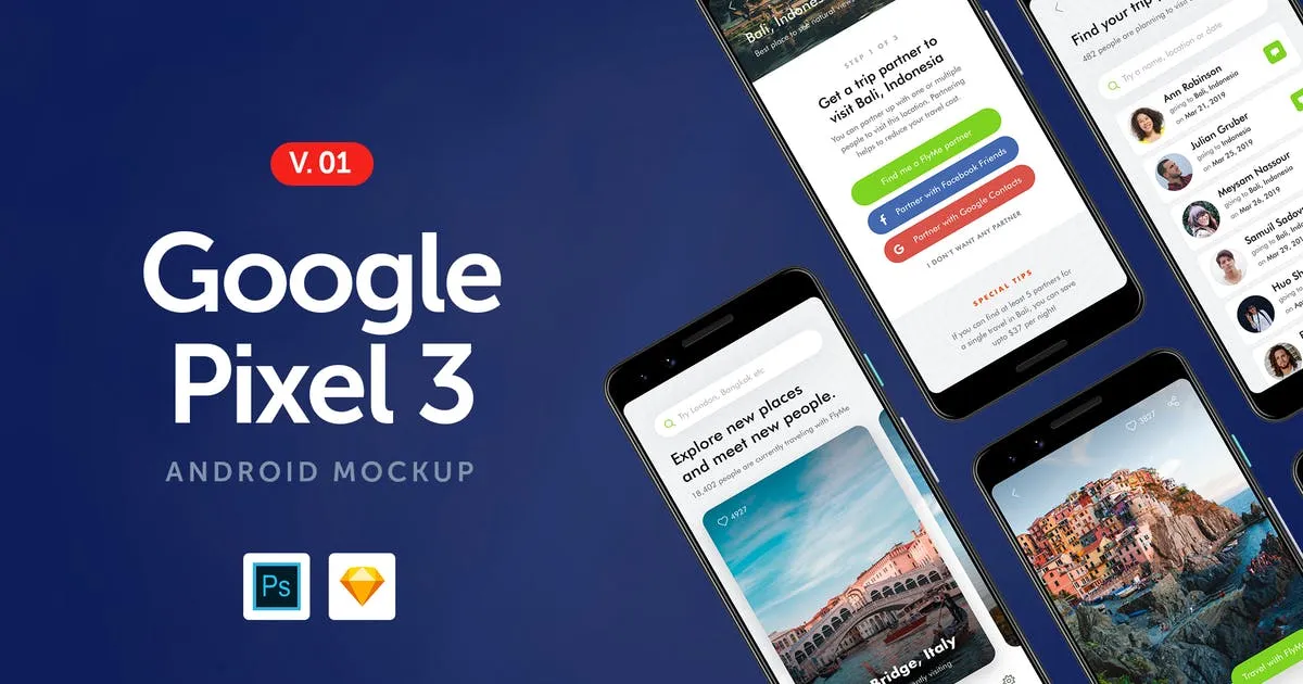 谷歌手机Google Pixel 3屏幕预览样机模板v1 Google Pixel 3 – Android Mockup 1.0插图