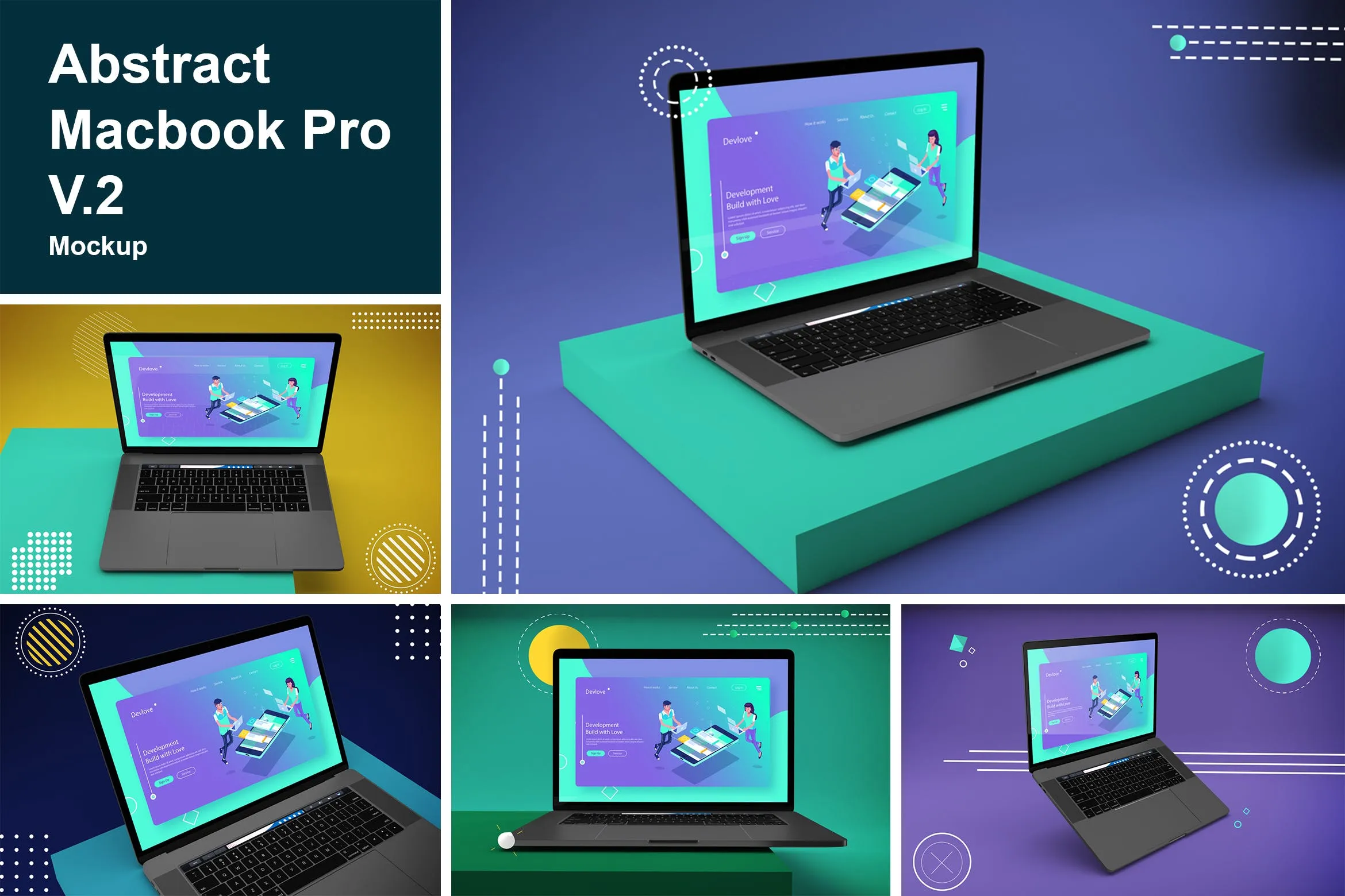 抽象背景Macbook Pro笔记本电脑像素设计精选样机模板v2 Abstract Macbook Pro Mockup V.2
