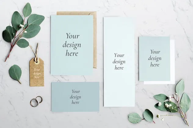 绿叶装饰婚礼邀请函样机套装 Wedding Invitation Mockup插图(1)