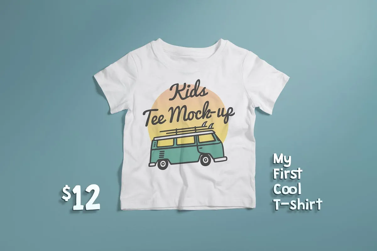 儿童版圆领T恤服饰印花设计样机素材 Crew Neck T-shirt Mock-up Kids Version插图