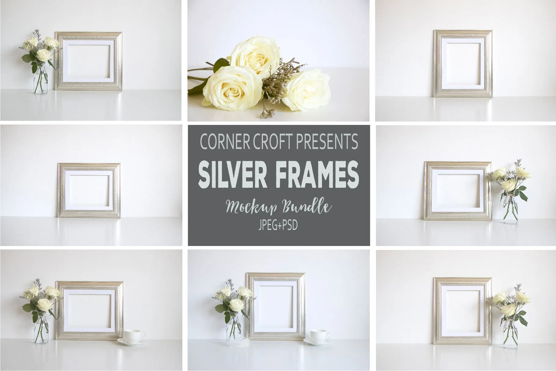 银色金属画框相框样机 Silver Frame Product Mockup Bundle