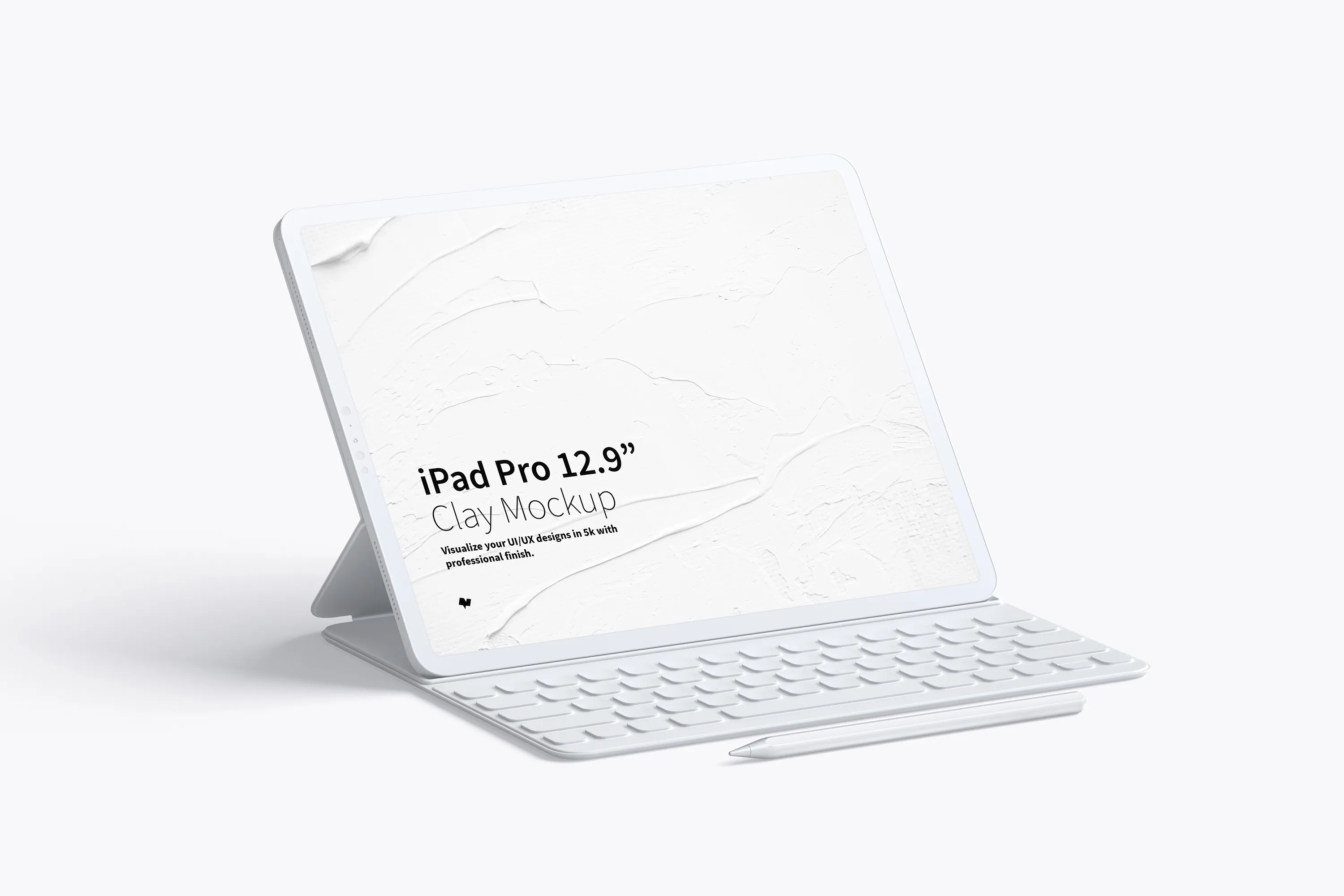 附带键盘的iPad Pro平板电脑屏幕演示样机模板 Clay iPad Pro 12.9” Mockup, With Key Board插图