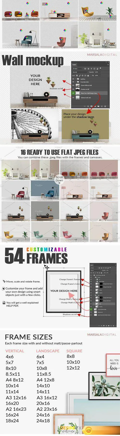 高品质的房间墙面和框架展示样机 Room Mockup Wall and Frame Bundle [psd] 1.16 GB插图(1)