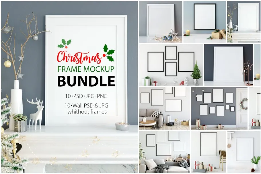 圣诞主题画框相框样机 Christmas Interiors Frame Mockup插图(1)