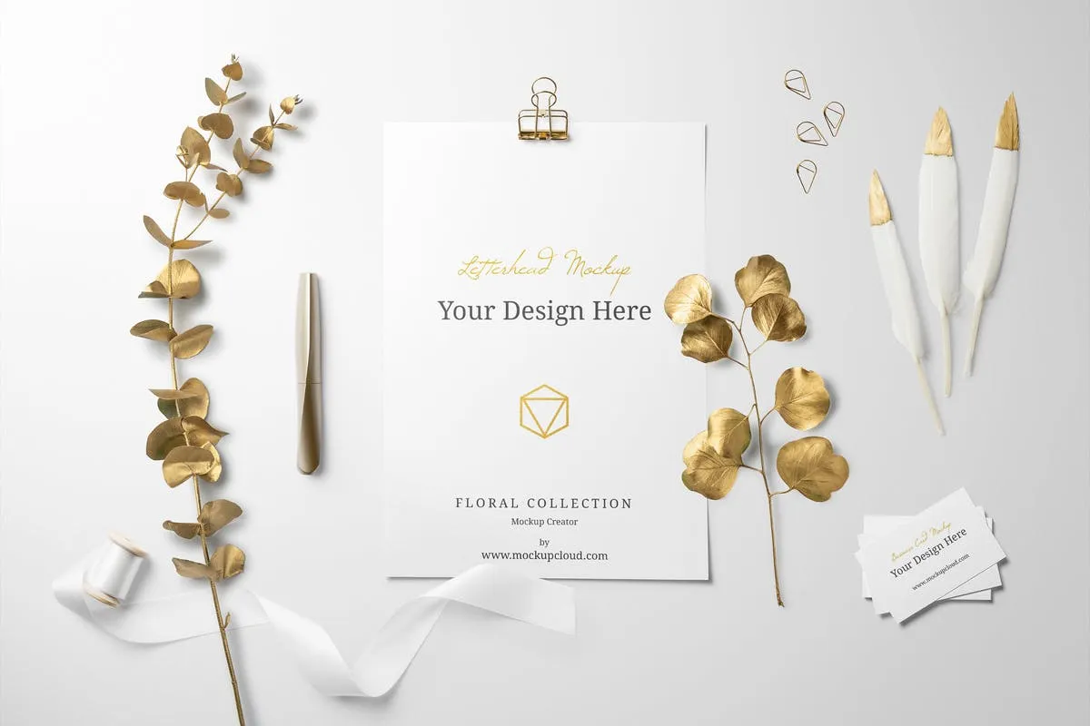 金色箔片花卉品牌样机模板 Golden Floral Branding Mockup插图