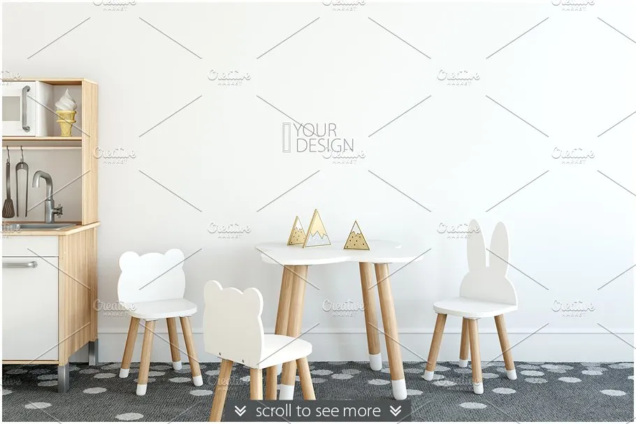 儿童卧室书房墙纸&相框样机 KIDS Interior WALL & FRAMES Mockup 3插图(1)