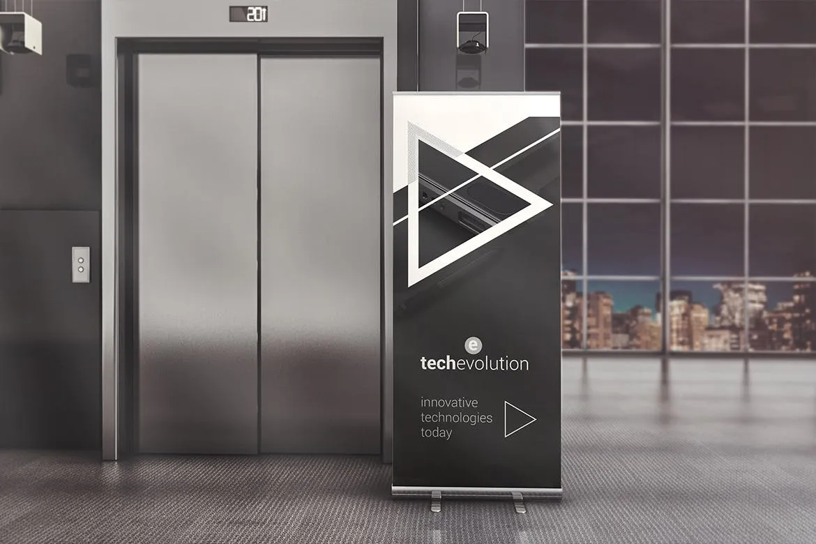 办公室大厅广告牌木架海报张贴效果图样机模板 Office Hall Advertising Mockup插图(1)