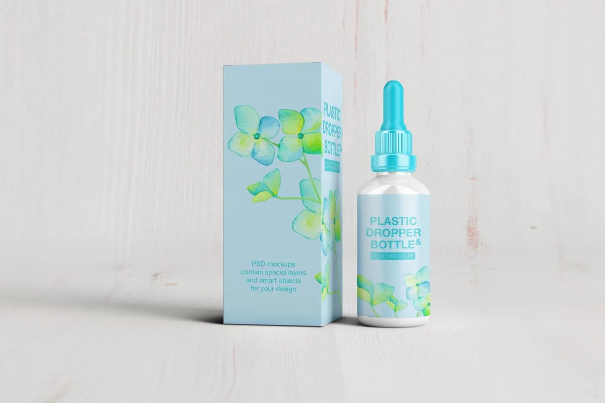 化妆品塑料滴管瓶/纸盒样机 Plastic Dropper Bottle/ Paper Box Mockup