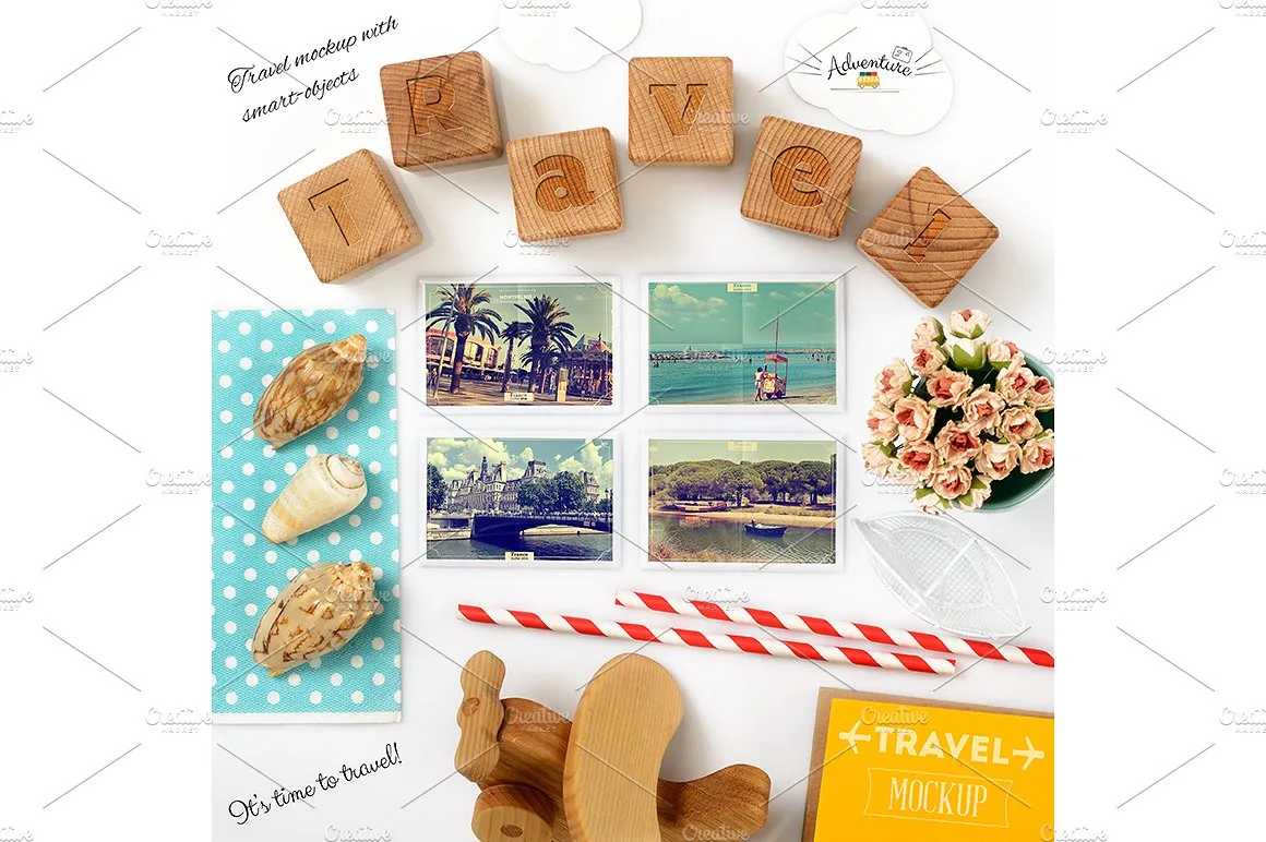 旅行主题照片卡样机 Travel Theme Styled Mockup插图(1)