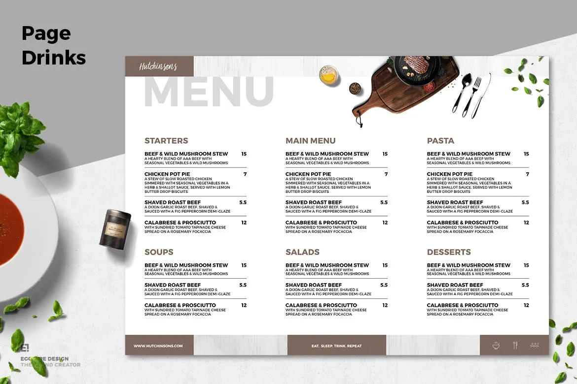 三折页西餐厅菜单设计模板素材 Trifold Restaurant Menu插图(5)