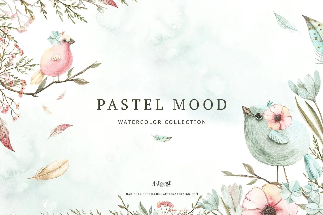 小鸟、树叶amp;花卉水彩粉画剪贴画 Watercolor Pastel Mood