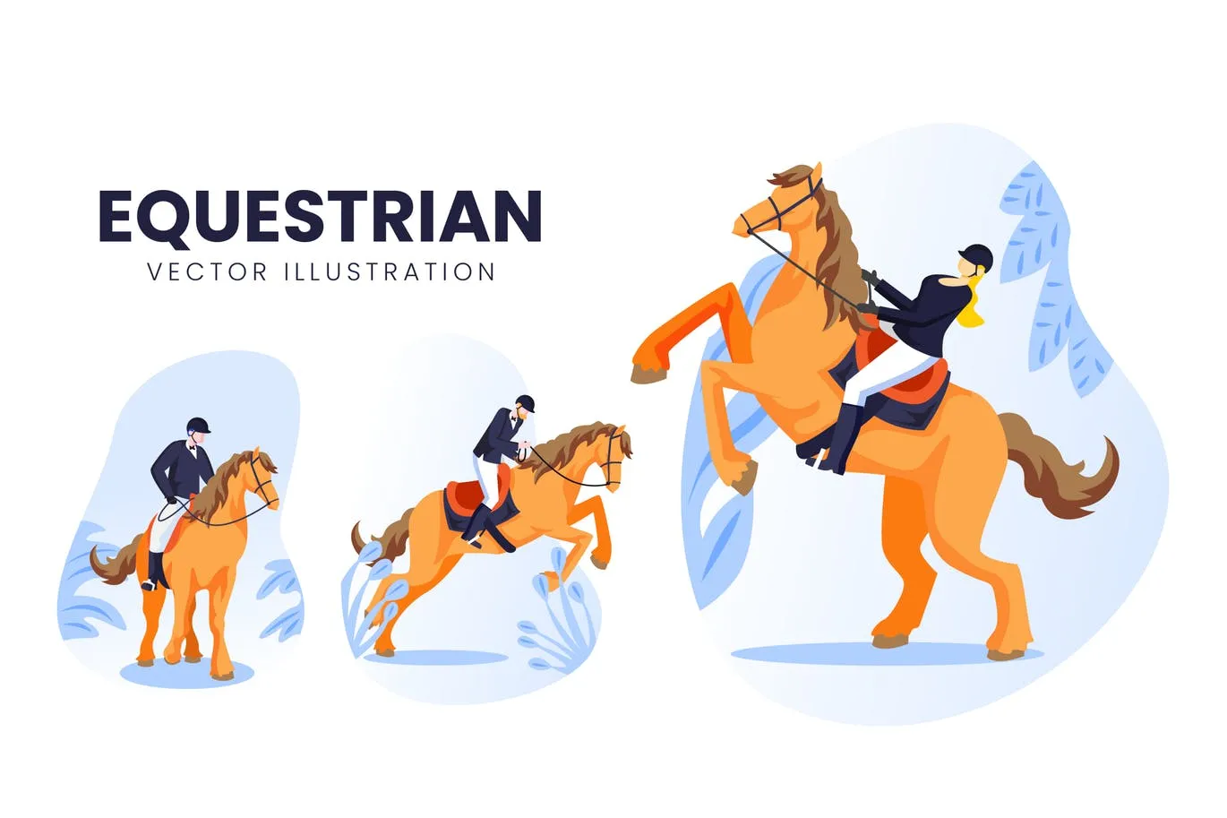 马术运动员人物形象像素设计精选手绘插画矢量素材 Equestrian Athlete Vector Character Set