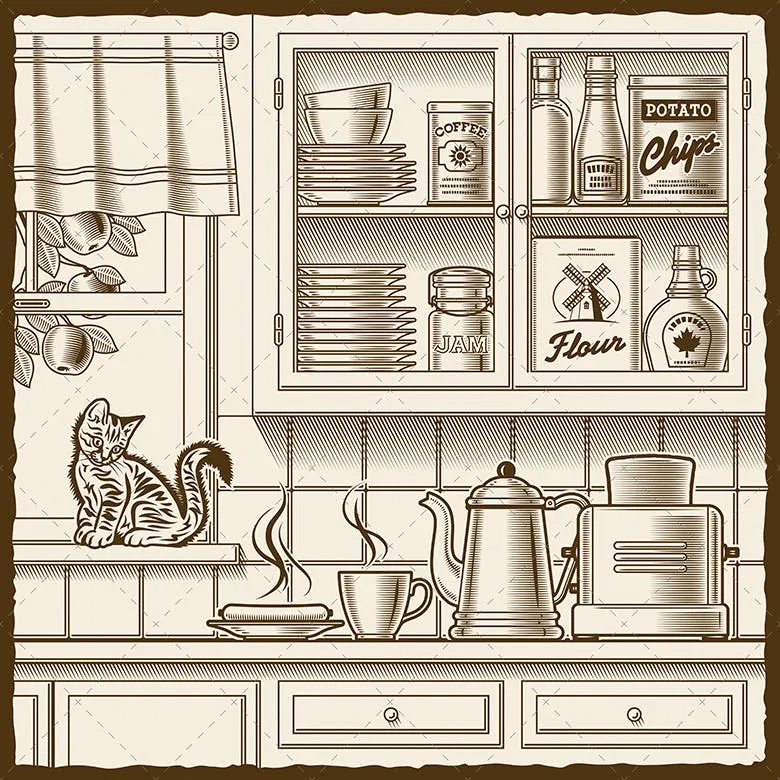 美式复古厨房单色矢量插画素材库精选素材 Retro Kitchen. One Color插图(1)