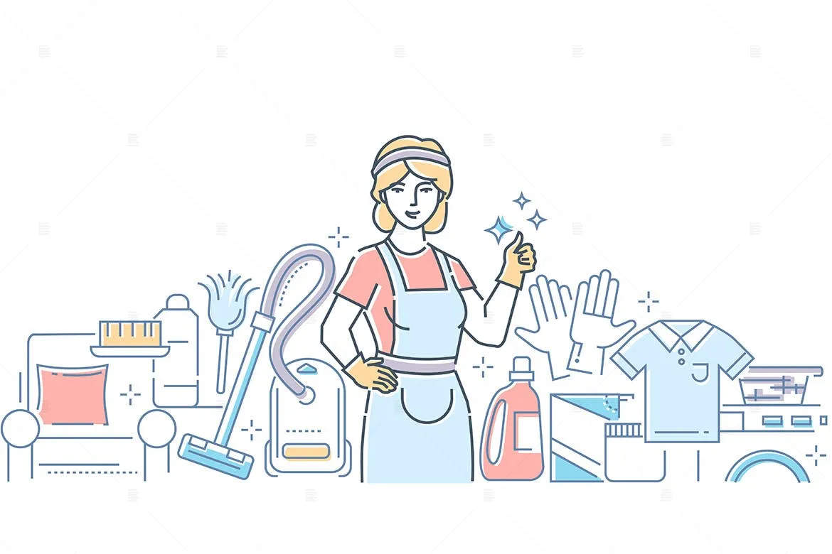 清洁家政服务主题线条艺术风格矢量插画像素设计精选 Cleaning service#8211; line design style illustration