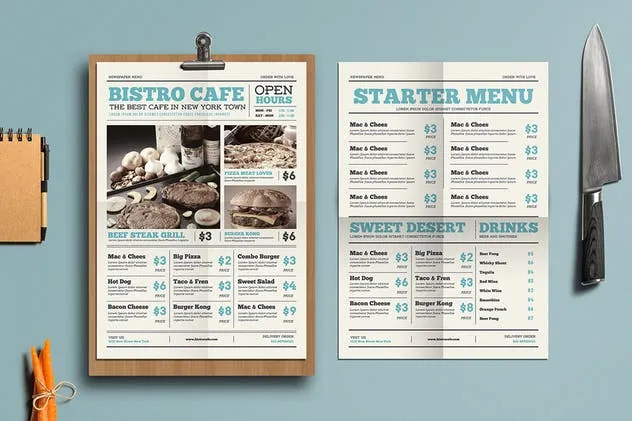 报纸设计风格西餐菜单模板套装 Newspaper Style Menu Package插图(1)