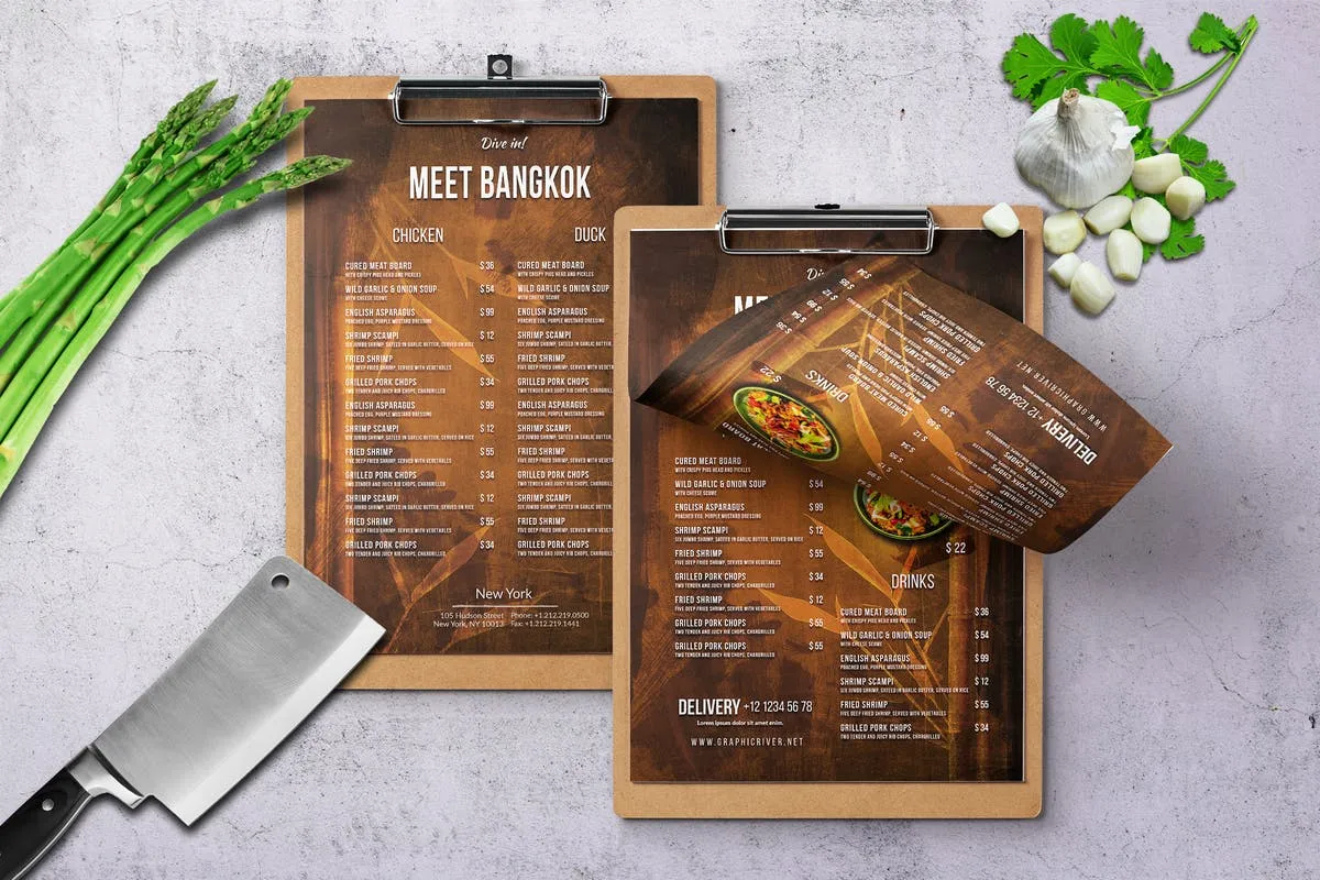 泰式餐厅泰国菜菜单设计模板 Thai A4amp; US Letter Single Page Food Menu