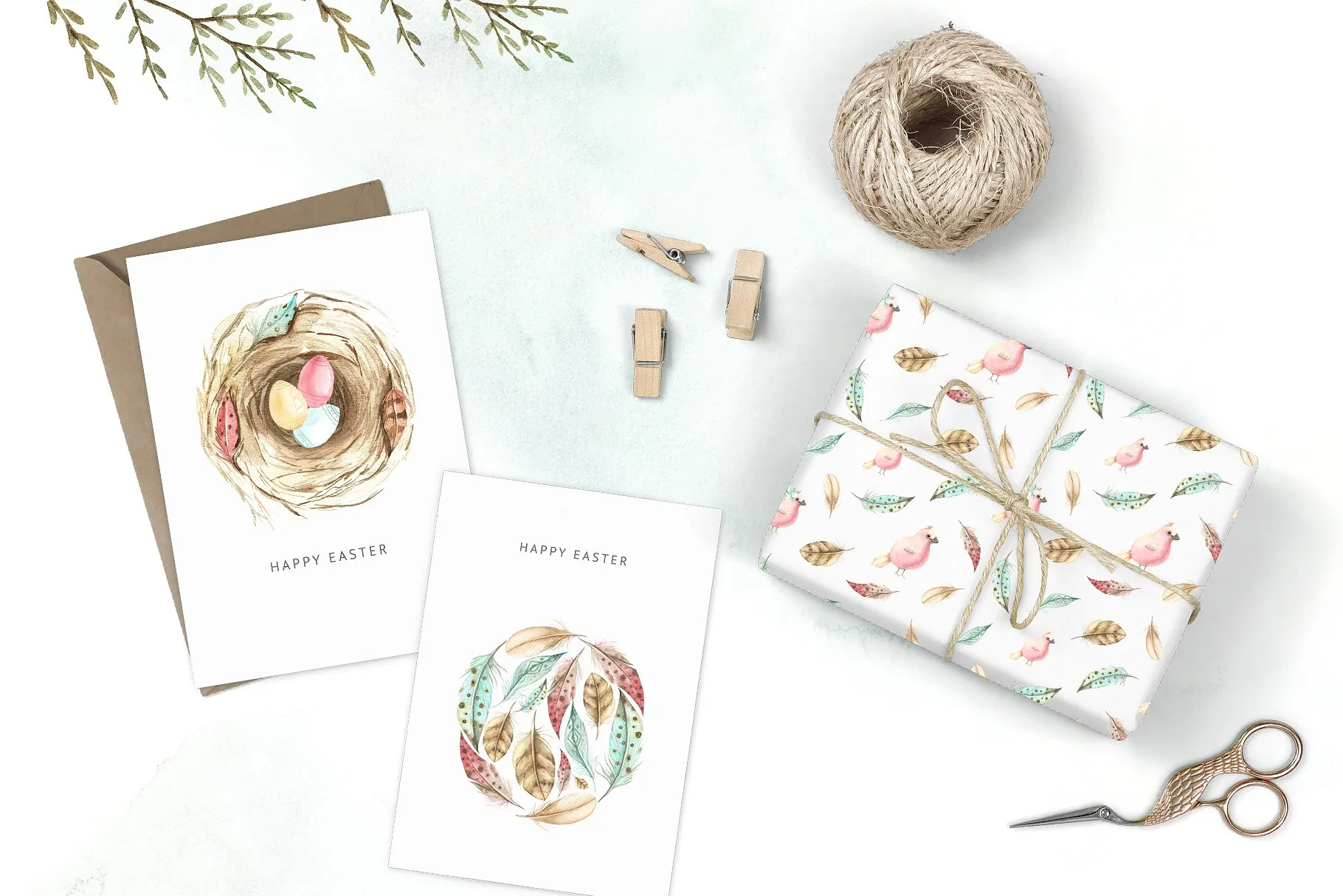 小鸟、树叶&花卉水彩粉画剪贴画 Watercolor Pastel Mood插图(6)