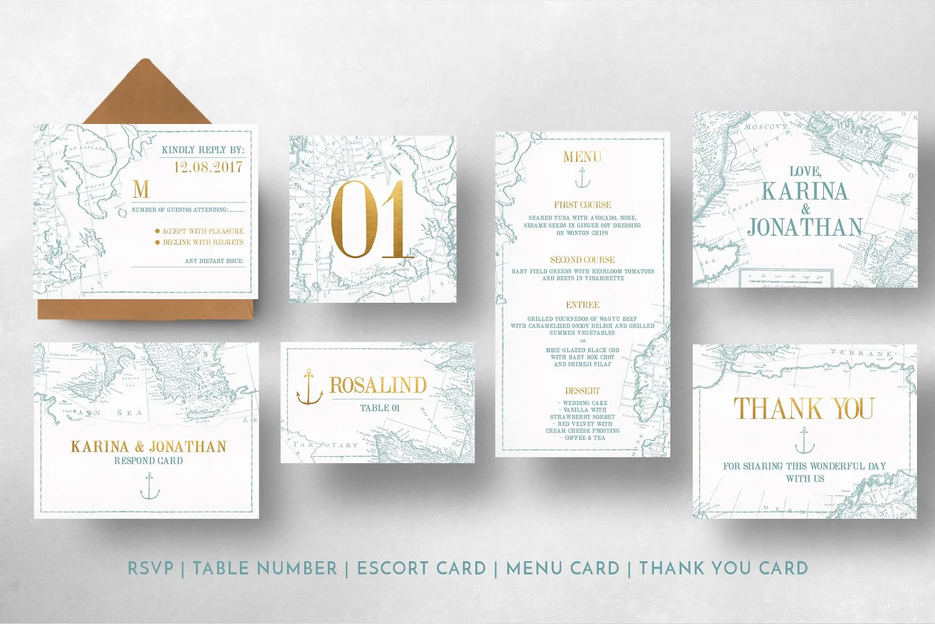 复古地图背景婚礼物料设计模板 Vintage Map Wedding Suite插图(11)