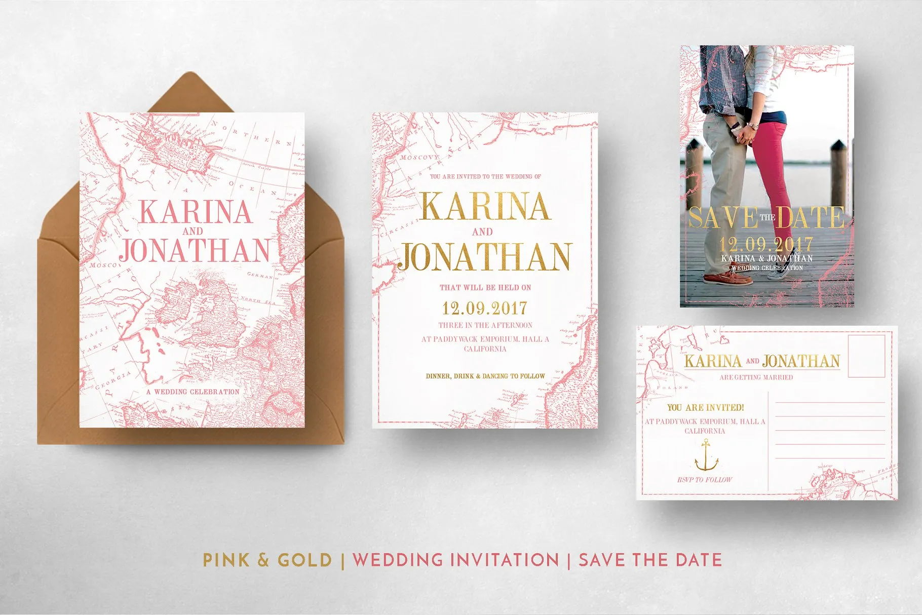 复古地图背景婚礼物料设计模板 Vintage Map Wedding Suite插图(6)