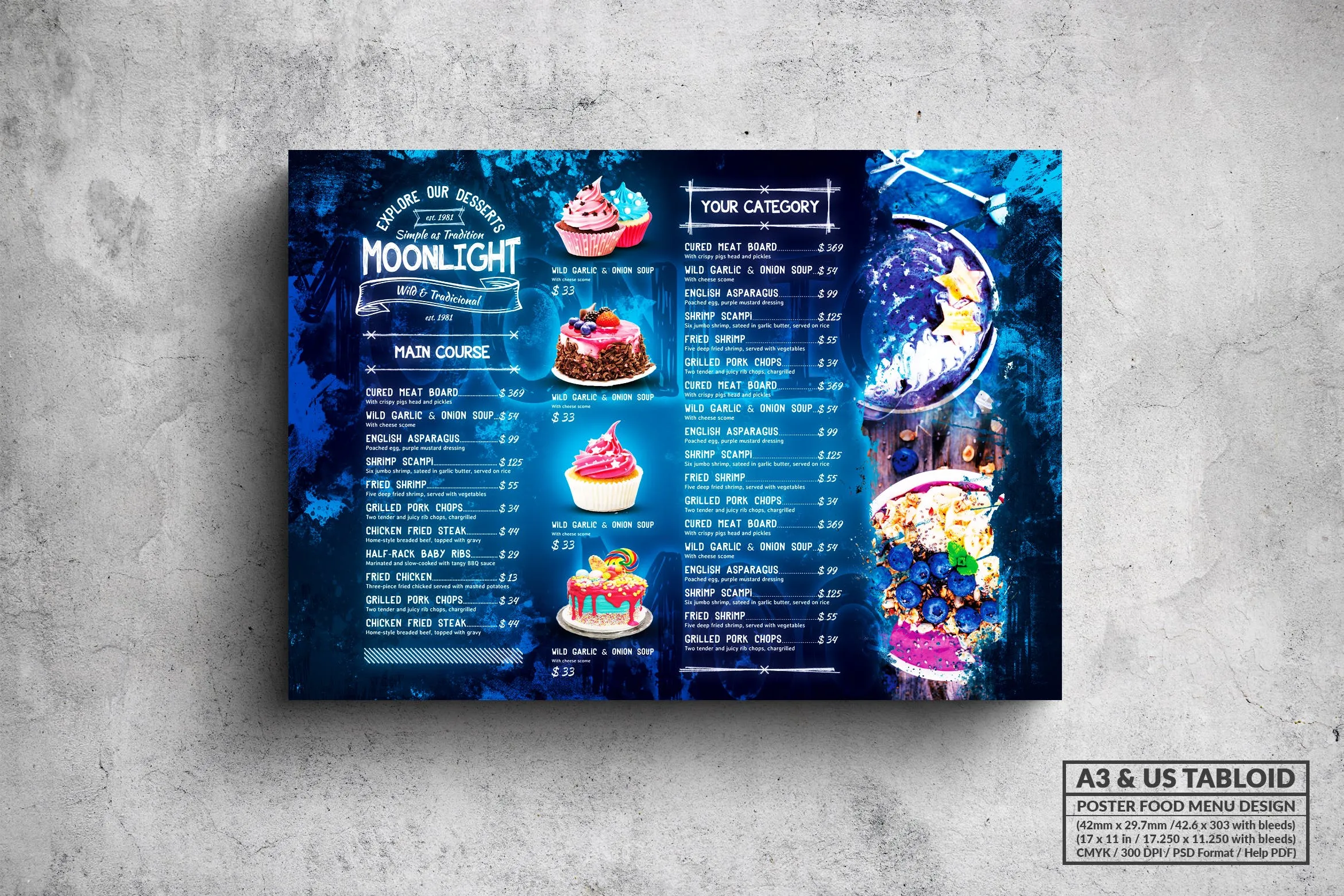 面包蛋糕店菜单海报PSD素材像素设计精选模板 Moonlight Bakery Menu#8211; A3amp; US Tabloid Poster